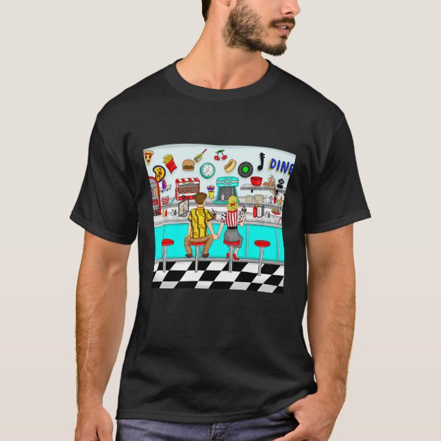 Couple Holding Hands in Diner aus den 50er Jahren T-Shirt (Vorderseite)