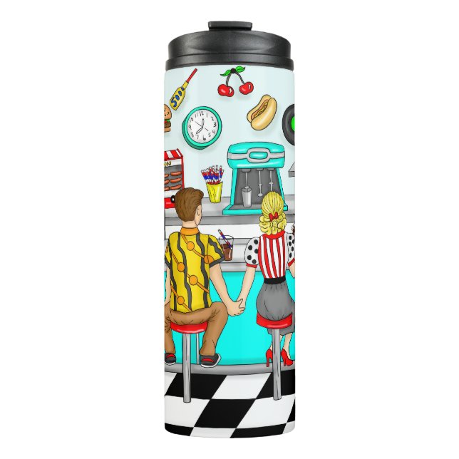 Couple Holding Hands in Diner aus den 50er Jahren Thermosbecher (Vorderseite)