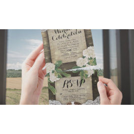 Couple Horseshoes Lace Wood Hydrangea Wedding RSVP All In One Einladung