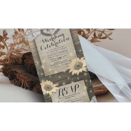 Couple Horseshoes Lace Wood Sunflower Wedding RSVP All In One Einladung