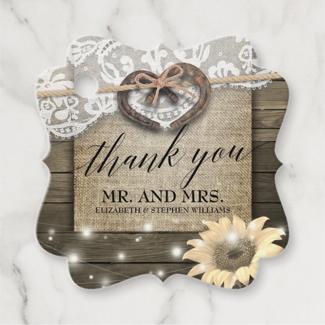 Couple Horseshoes Sonnenblume Wood Wedding Vielen  Geschenkanhänger (Vorderseite)