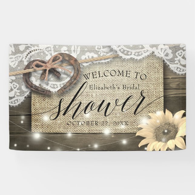 Couple Hufeisen Sonnenblumen Brautparty Empfang Banner (Horizontal)