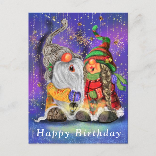 Couple Hugged Gnomes Singing Happy Song - Geburtst Postkarte (Vorderseite)
