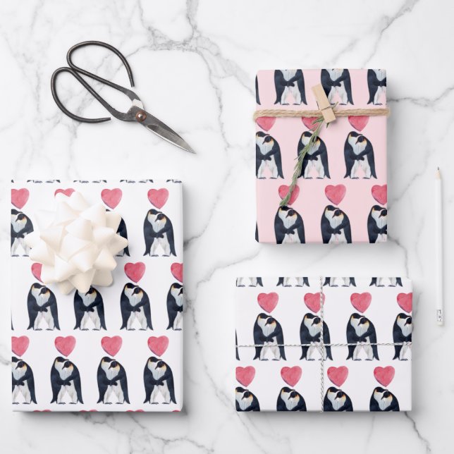 Couple Kaiser Pinguin Herzvalentinstag  Geschenkpapier Set (Vorderseite)