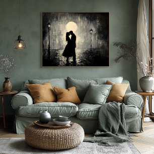 Couple Kissing Under Streetlights by Night in B&W Poster
