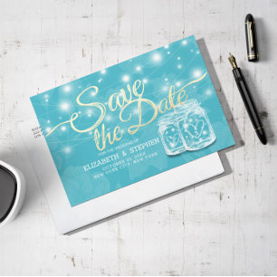 Couple Mason Jar Blue Floral Wedding retten das Da Postkarte