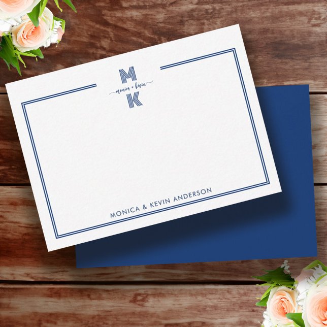 Couple Minimalistisch Navy Blue Two Border Monogra Mitteilungskarte (Minimalist Navy Blue Two Border Monogram Note Card)