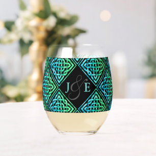 Couple Monogram Celtic Blue Green Wine Glass Weinglas Ohne Stiel