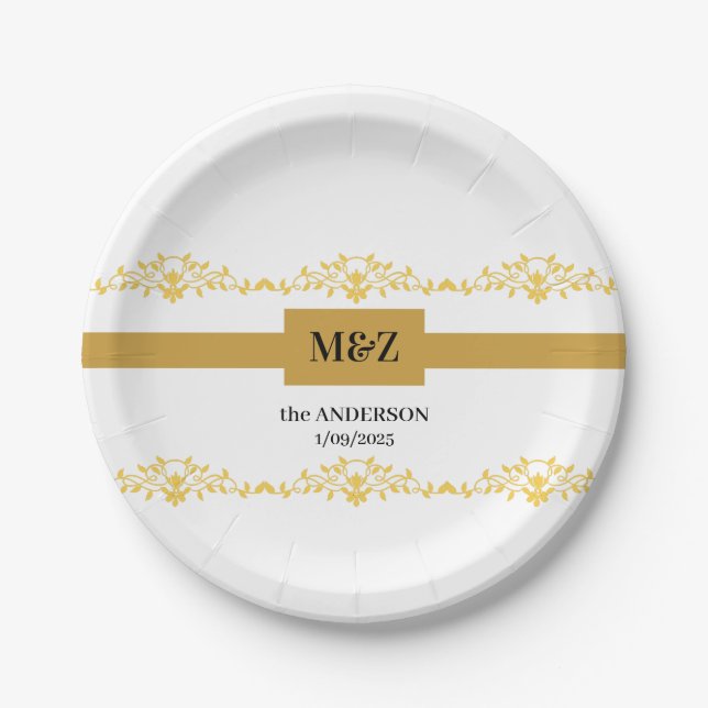Couple Monogram Hochzeitdatum dekorative Grenze Pappteller (Vorderseite)