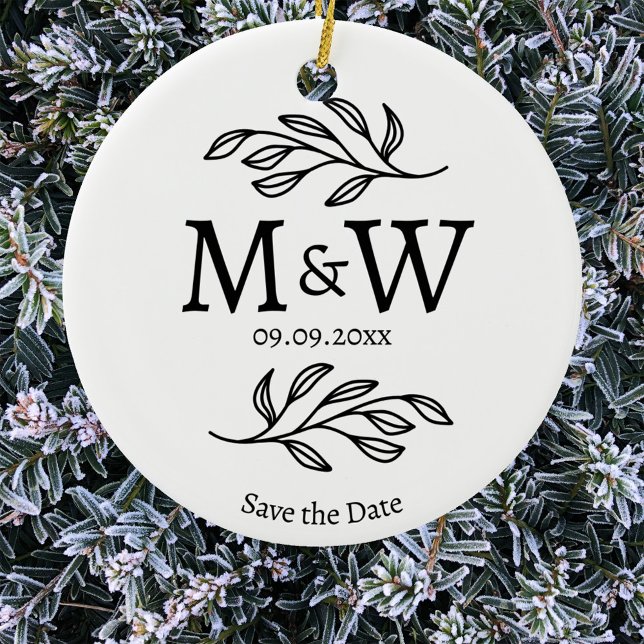 Couple Monogram Wedding Save the Date Botanical Keramik Ornament (Wedding couple monogram elegant botanical save the date ceramic ornament)