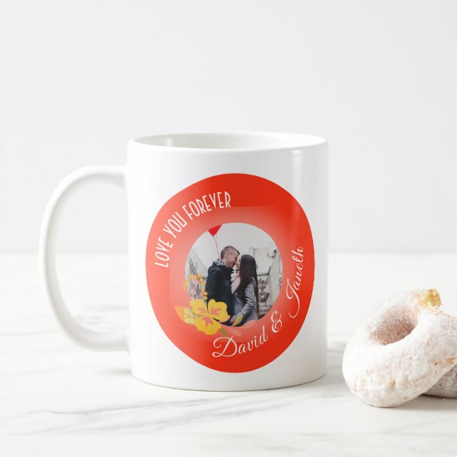 Couple Name Modern Niedlich Red 2 Foto Valentinsta Kaffeetasse (Mit Donut)