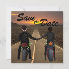 Couple Riding Motorräder at Sunset Wedding Rett T Save The Date