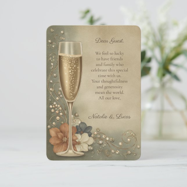 Couple’s Champagne Floral Wedding Shower Dankeskarte (Stehend Vorderseite)