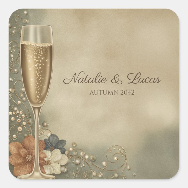 Couple’s Champagne Floral Wedding Shower Quadratischer Aufkleber (Vorderseite)