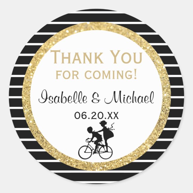 Couple sur un Sticker Mariage Merci or à vélo (Devant)