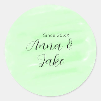 Couple wedding name date green watercolor pastel l runder aufkleber