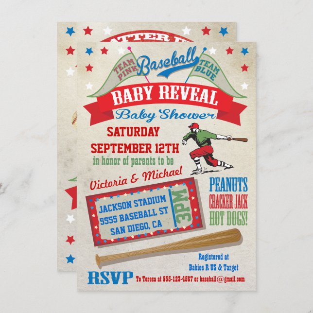 Couples de baseball Bébé Révéler les invitations à (Devant / Derrière)