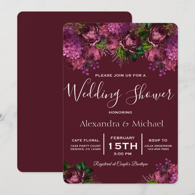 Couple's Dusche Floral Marsala Burgund Einladung (Vorne/Hinten)