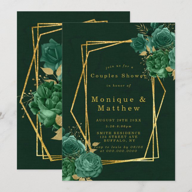 Couples Floraux Géométriques Or Vert Invitations d (Devant / Derrière)