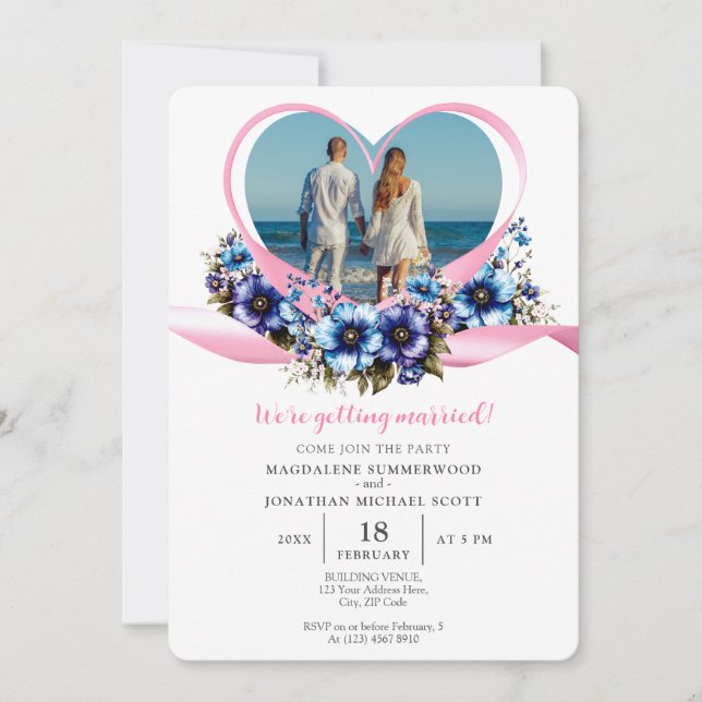 Couple's Foto Heart Ribbon Frame & Blue Flowers Einladung (Vorderseite)