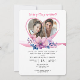 Couple's Foto Herz-Band-Rahmen und rosa Blume Einladung