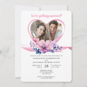 Couple's Foto Herz-Band-Rahmen und rosa Blume Einladung