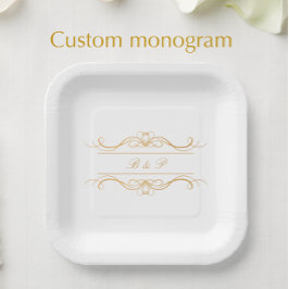 Couple's Monogram Elegant Gold Swirl Wedding Pappteller