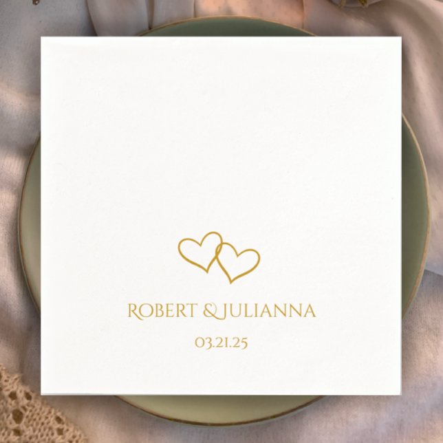 Couple's Names Date Simple Stylish Hearts Wedding Serviette (Add couples names. simple elegant golden hearts. Stylish modern personalized wedding napkins.
)