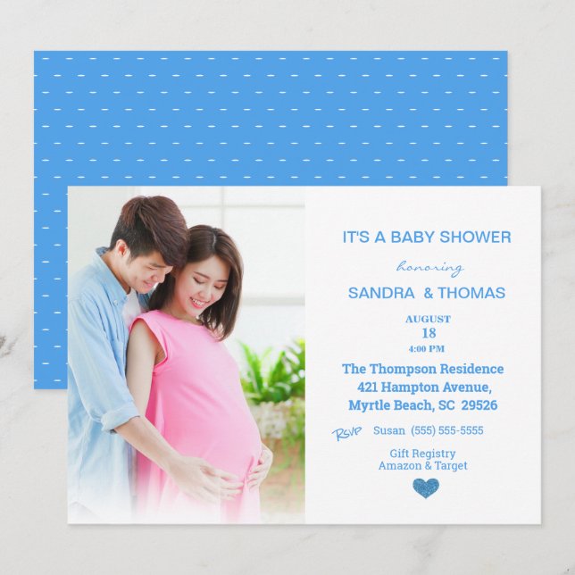 Couples Photo Baby shower Bleu Invitation (Devant / Derrière)