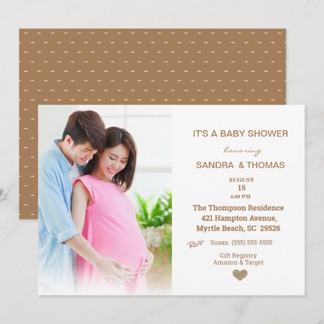 Couples Photo Brown Baby shower Invitation (Devant / Derrière)