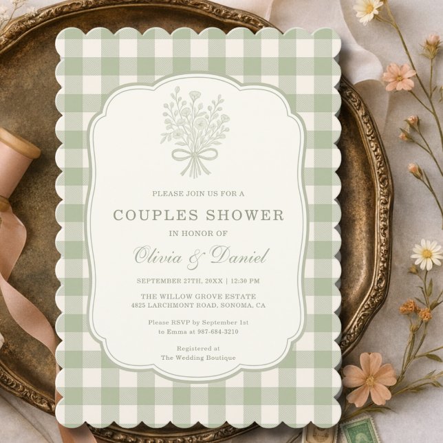 Couples Shower Gingham Sage Green Floral Bow  Einladung (Von Creator hochgeladen)