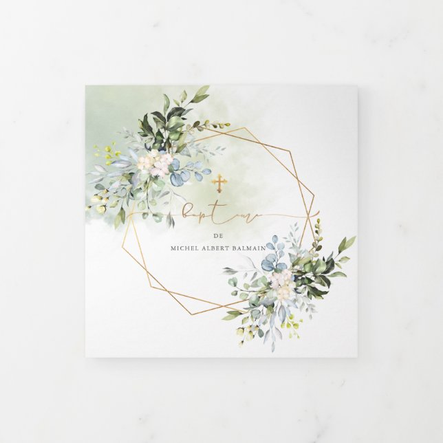 Couronne de Feuillage Aquarelle, Bapteme Dreifach Gefaltete Einladung (Cover)