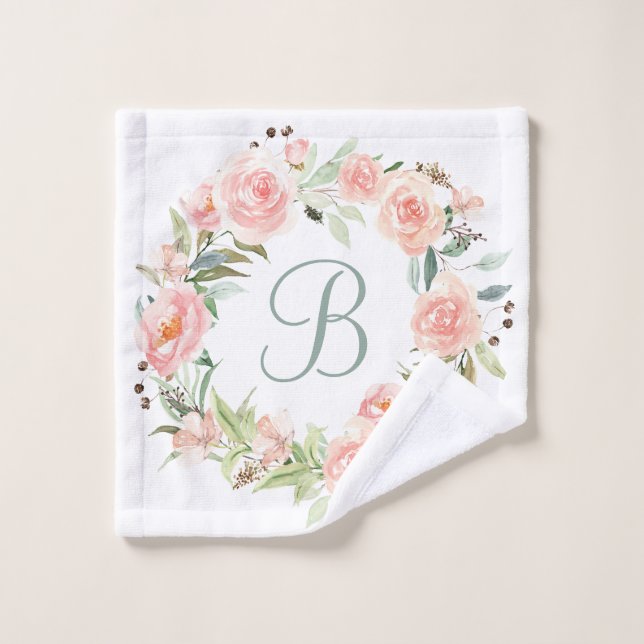 Couronne de fleurs rose pastel monogramme (Gant de toilette)