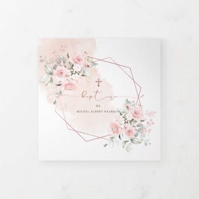 Couronne de Rose Aquarelle, Bapteme Dreifach Gefaltete Einladung (Cover)