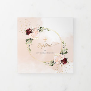 Couronne de Rose Aquarelle, Bapteme Dreifach Gefaltete Einladung