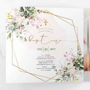 Couronne de Rosen Blush Feuillage Aquarelle Baptem Dreifach Gefaltete Einladung