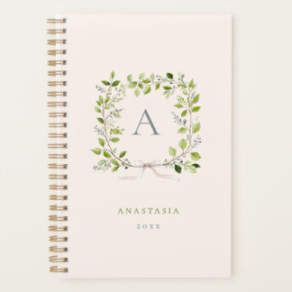 Couronne et noeud en monogramme vert et rose
