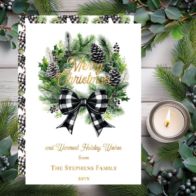 Couronne festive de vacances Joyeux Noël Non-photo (Festive Holiday Wreath with Black | White Check Coquette Bow "Merry Christmas" Foil Holiday Card)