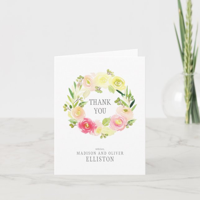 Couronne florale aquarelle rose et jaune | Merci (Devant)