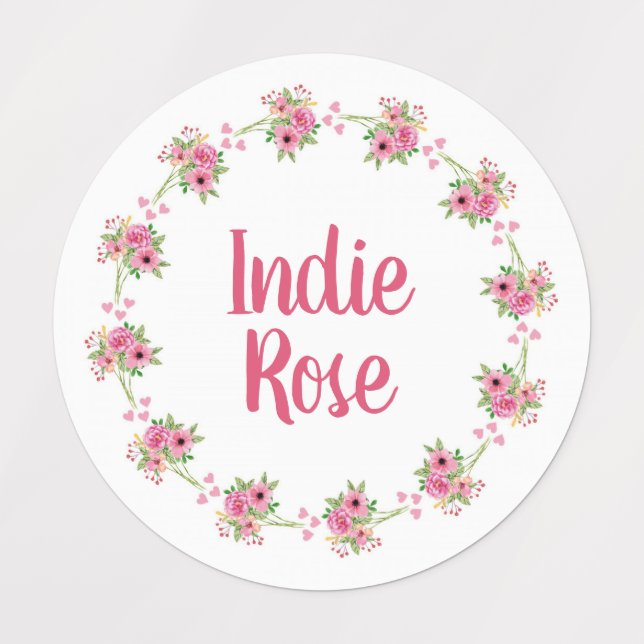 Couronne rose florale Nom personnalisé Étiquettes  (Design 1)