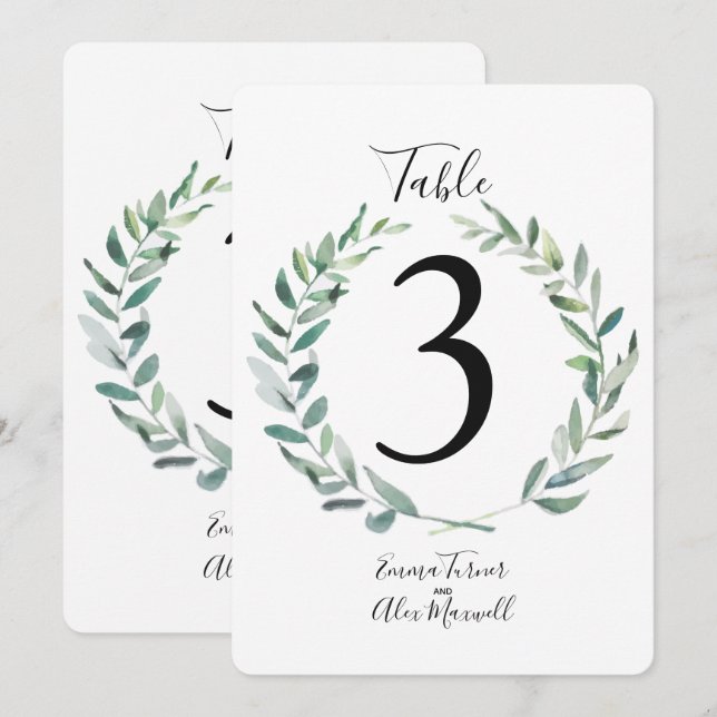 Couronne Rustique Vert | Cartes de numéro de table (Devant / Derrière)
