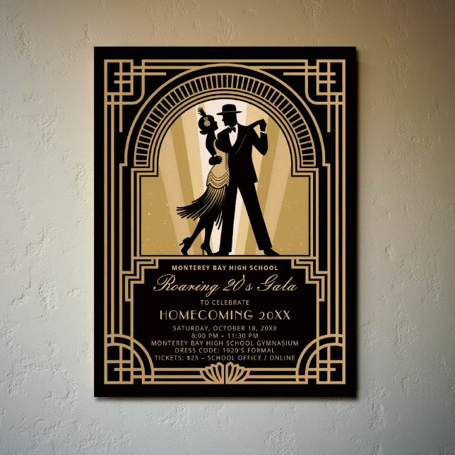 Cours Art déco des années 20 - Homecoming School G (homecoming prom school event poster roaring 20s gatsby flapper dancing black gold)