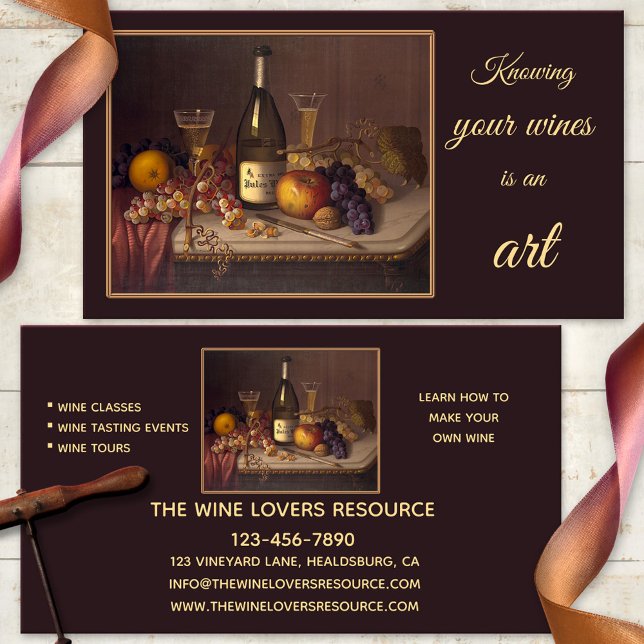 Cours d'art Vin Still Life Événements Carte de vis (Artistic business card featuring a still life painting with wine. Wine tasting, wine tours, winery)