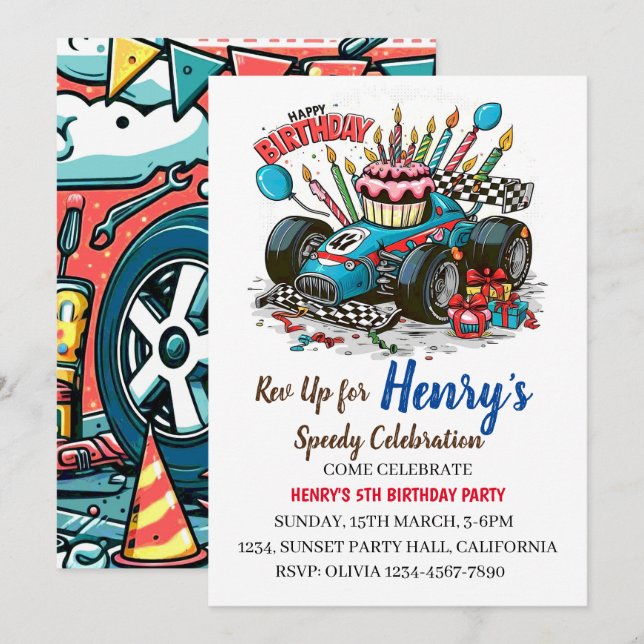 Course voiture Anniversaire Fête Invitation (Devant / Derrière)