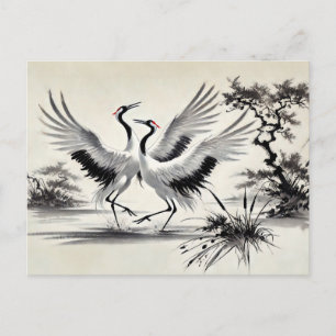 Courship Dance of Two Cranes in the Marsh Chinese Postkarte