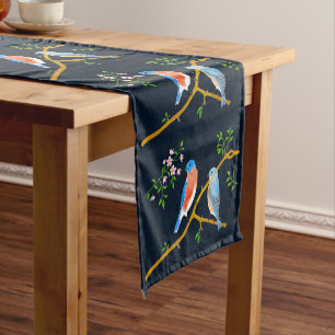 Court Chemin de table bleu foncé aux merles bleus