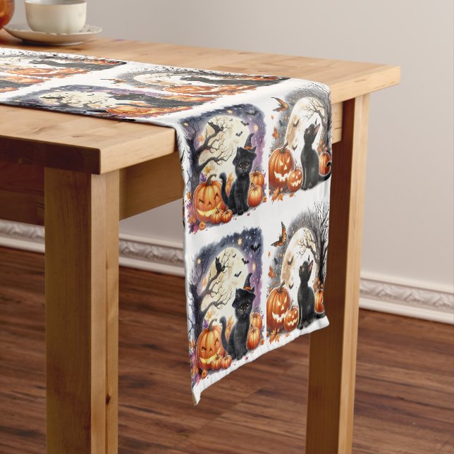 Court Chemin de table citrouille chat noir Halloween (In Situ)