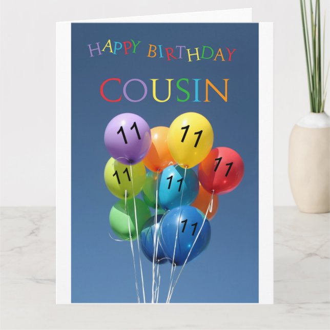 Cousin 11. glücklicher Ballon Geburtstag Karte (Vorderseite)
