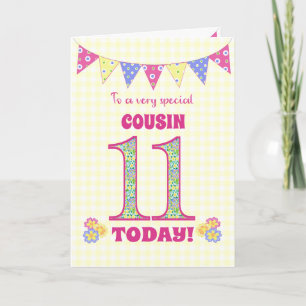 Cousin 11e Anniversaire Primroses et carte Bunting