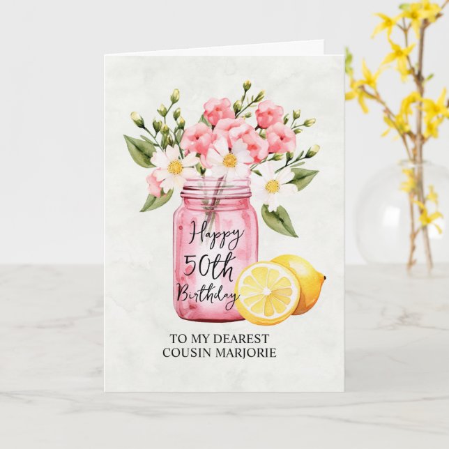 Cousin 50. Geburtstag Rosa Blumengrüße Karte (Gelbe Blume)